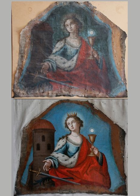 obraz św. Barbary przed i po konserwacji